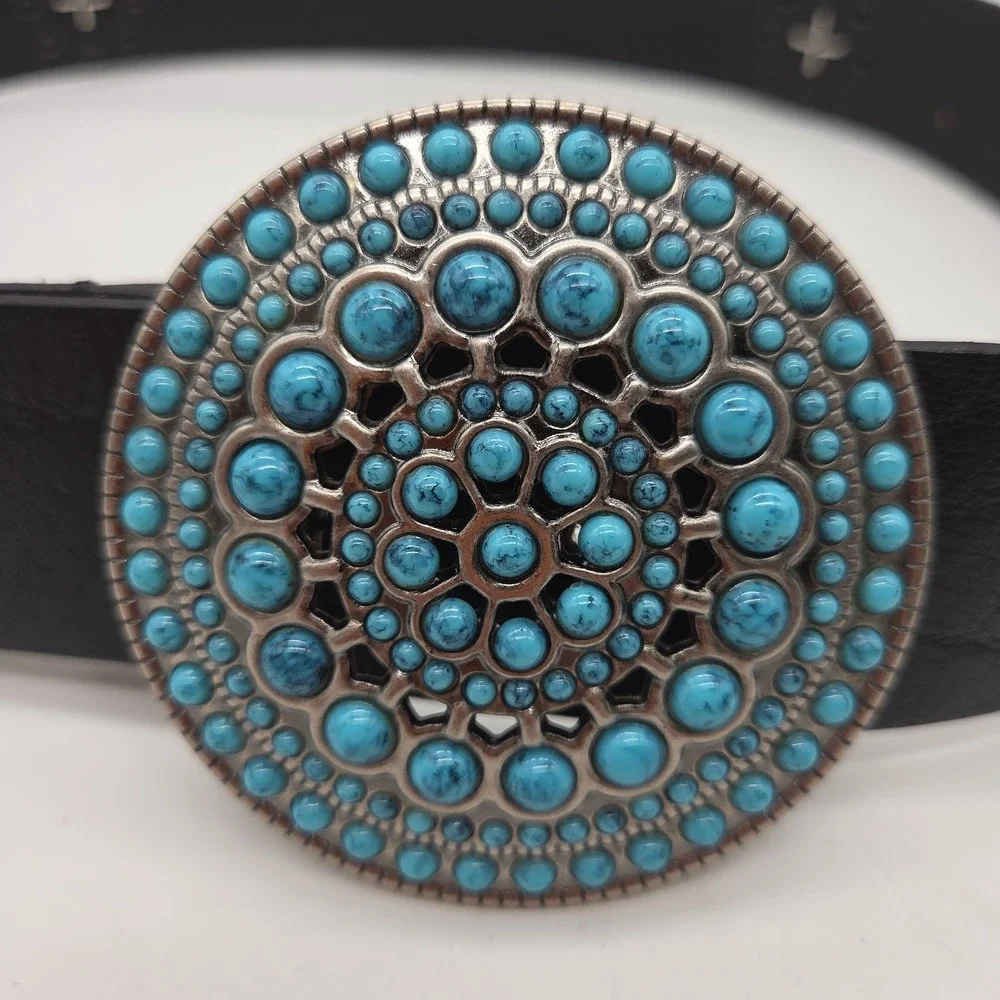 Vintage Boho Genuine Leather Belt Turquoise Stone Medallion Buckle Western LARGE